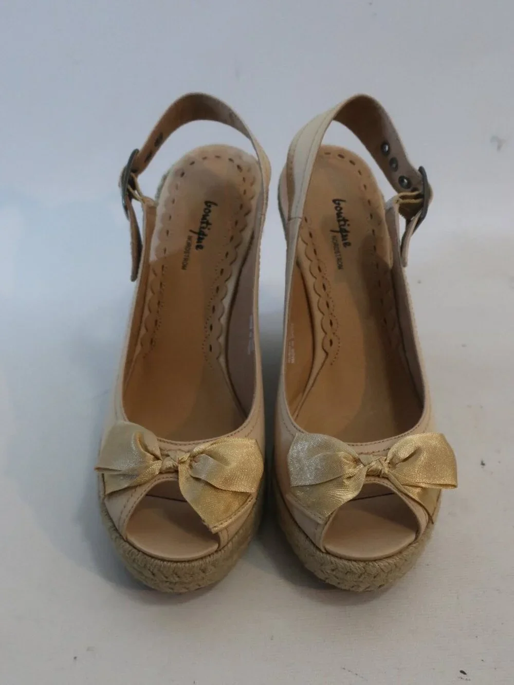 NWOB Boutique x Nordstrom Pale Gold Trina Fabric Satin Bow Espadrille Wedge 7.5N